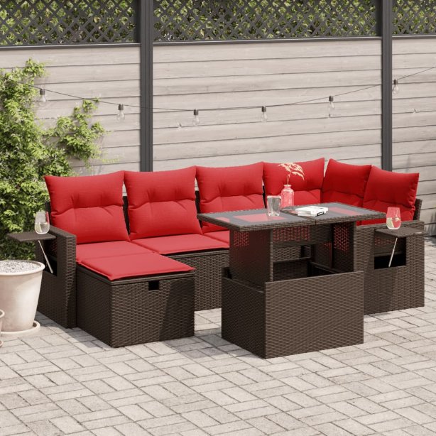 7-teiliges Gartensofa-Set mit Kissen, schwarzes Polyrattan