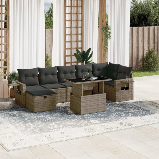 8-tlg. Garten-Sofagarnitur mit Kissen Schwarz Poly Rattan