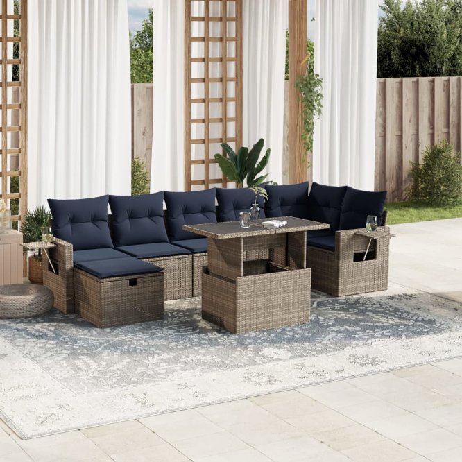 8-teiliges Gartensofa-Set mit Kissen, schwarzes Polyrattan