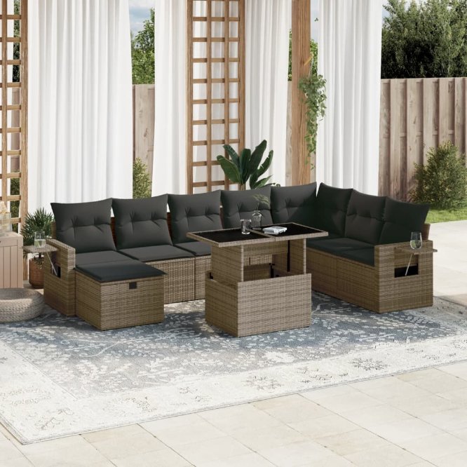 9-tlg. Garten-Sofagarnitur mit Kissen Schwarz Poly Rattan