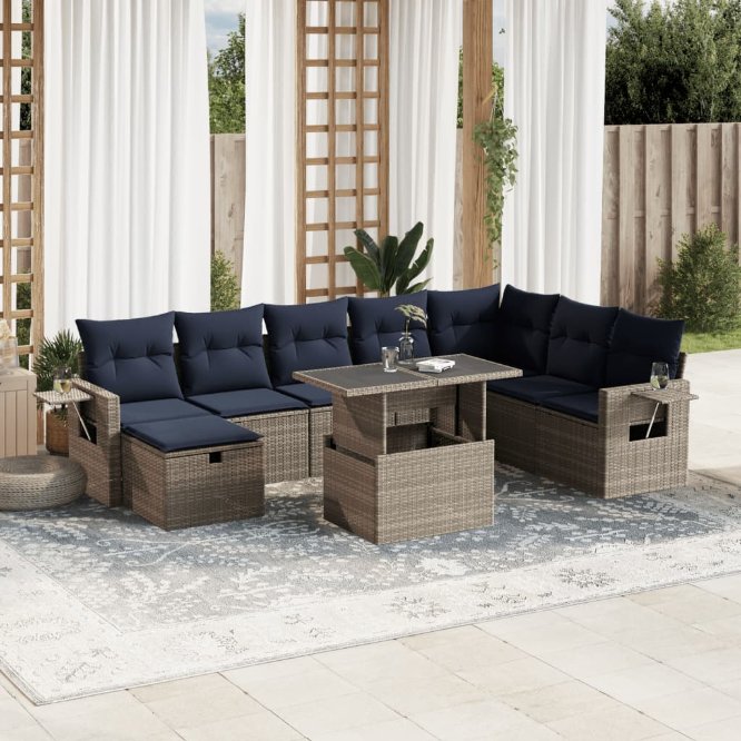 9-teiliges Gartensofa-Set mit Kissen, schwarzes Polyrattan