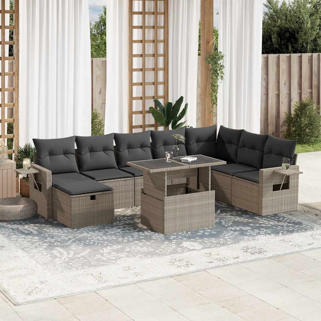 9-tlg. Garten-Sofagarnitur mit Kissen Schwarz Poly Rattan