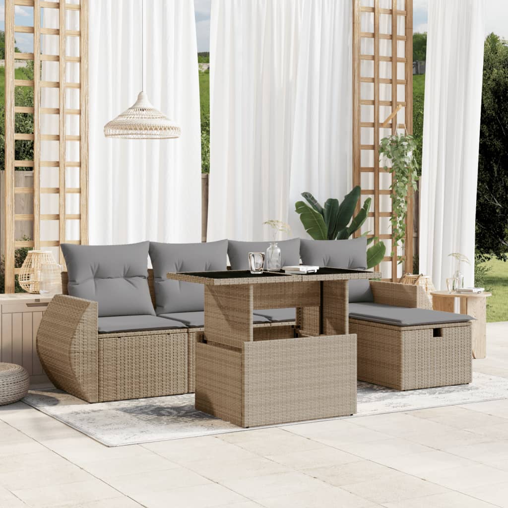 6-tlg. Garten-Sofagarnitur mit Kissen Schwarz Poly Rattan