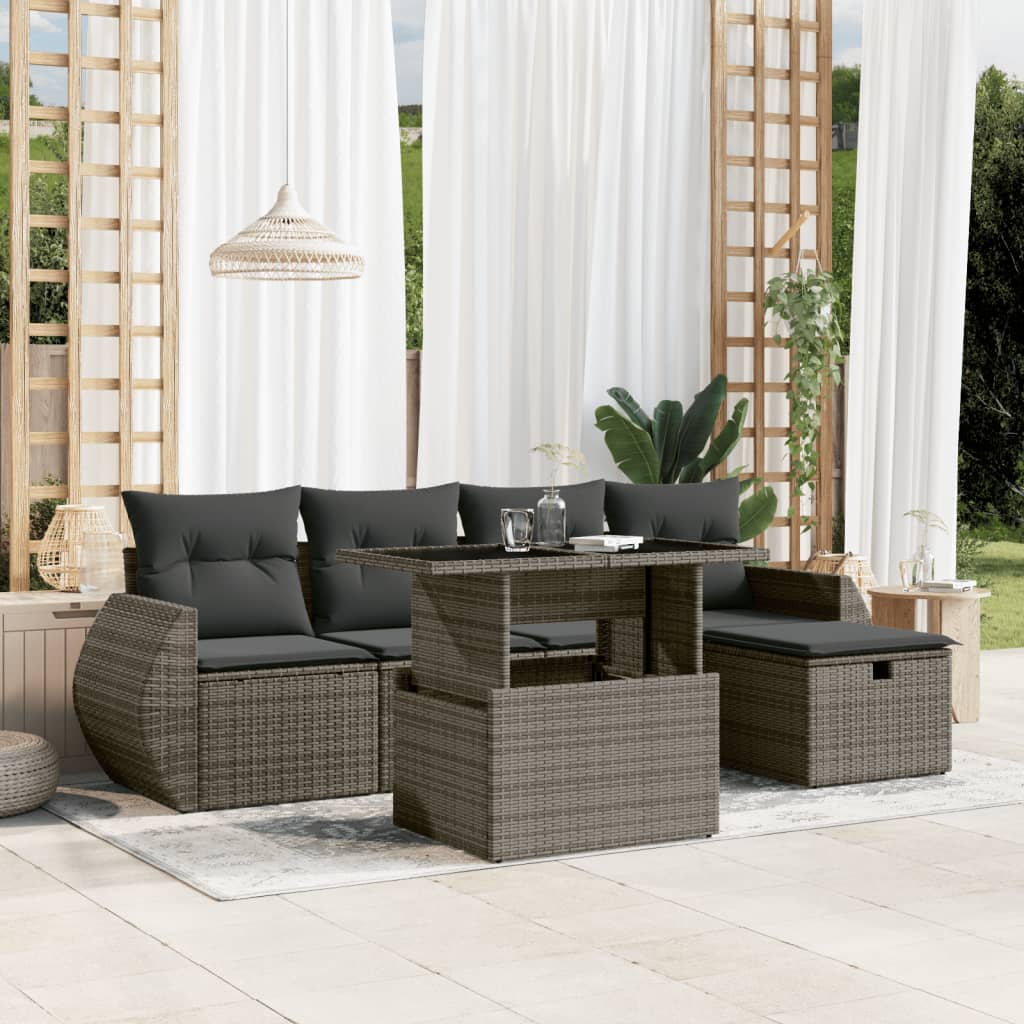 6-tlg. Garten-Sofagarnitur mit Kissen Schwarz Poly Rattan