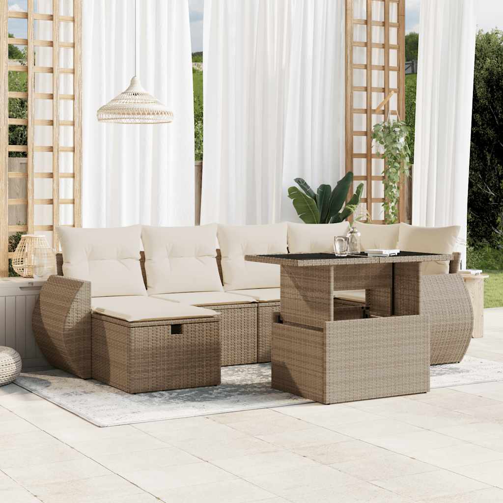 7-tlg. Garten-Sofagarnitur mit Kissen Schwarz Poly Rattan