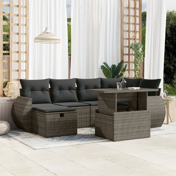 7-tlg. Garten-Sofagarnitur mit Kissen Schwarz Poly Rattan
