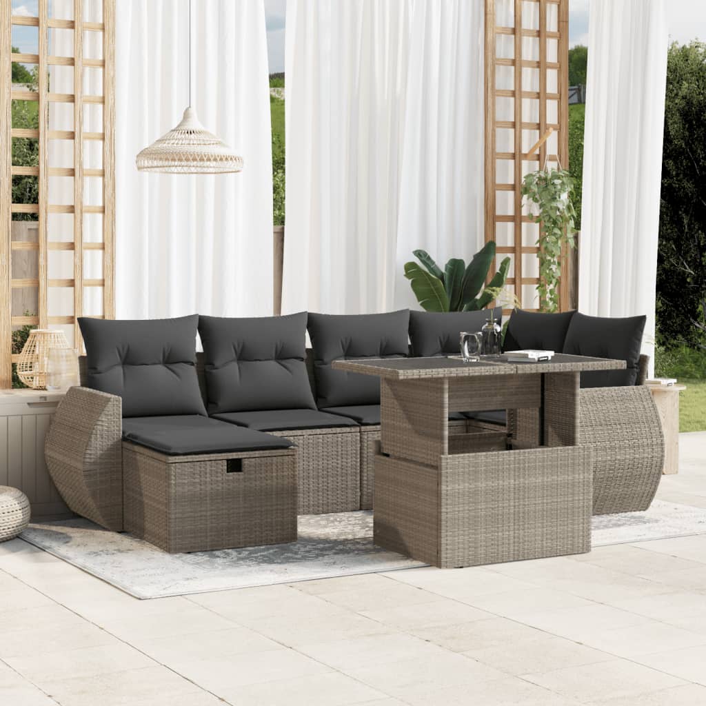 7-tlg. Garten-Sofagarnitur mit Kissen Schwarz Poly Rattan