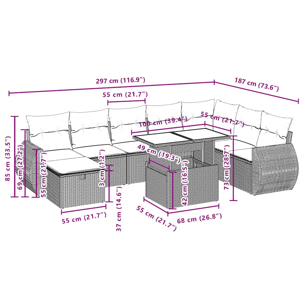 9-teiliges Gartensofa-Set mit Kissen, schwarzes Polyrattan