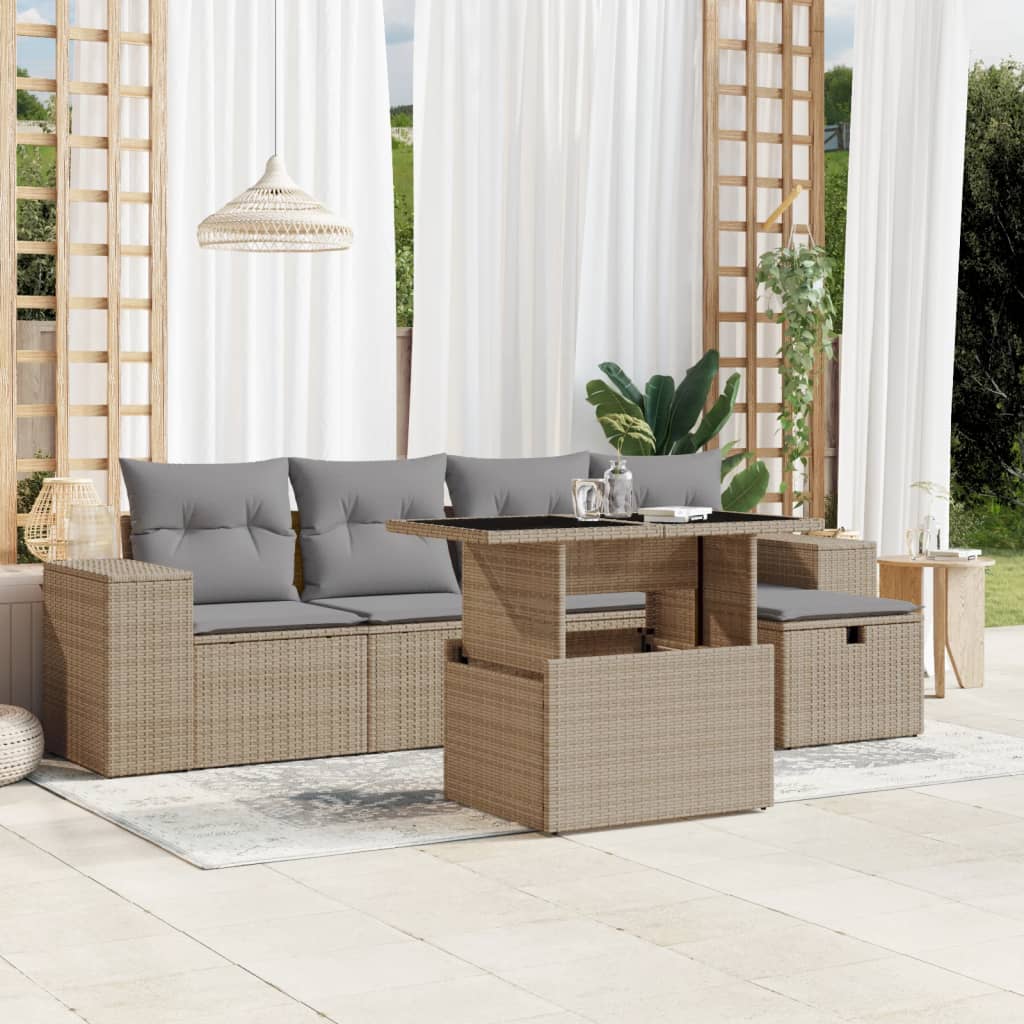 6-tlg. Garten-Sofagarnitur mit Kissen Schwarz Poly Rattan