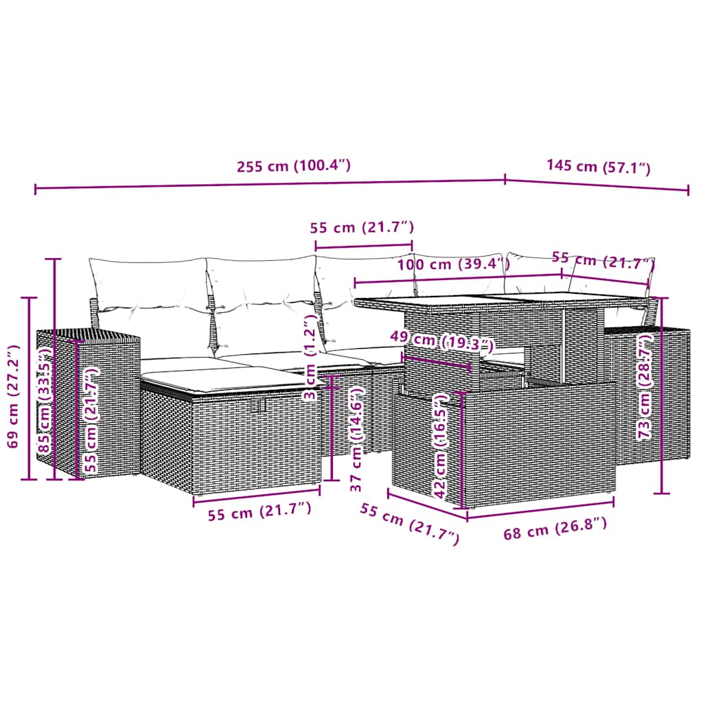 7-teiliges Gartensofa-Set mit Kissen, schwarzes Polyrattan