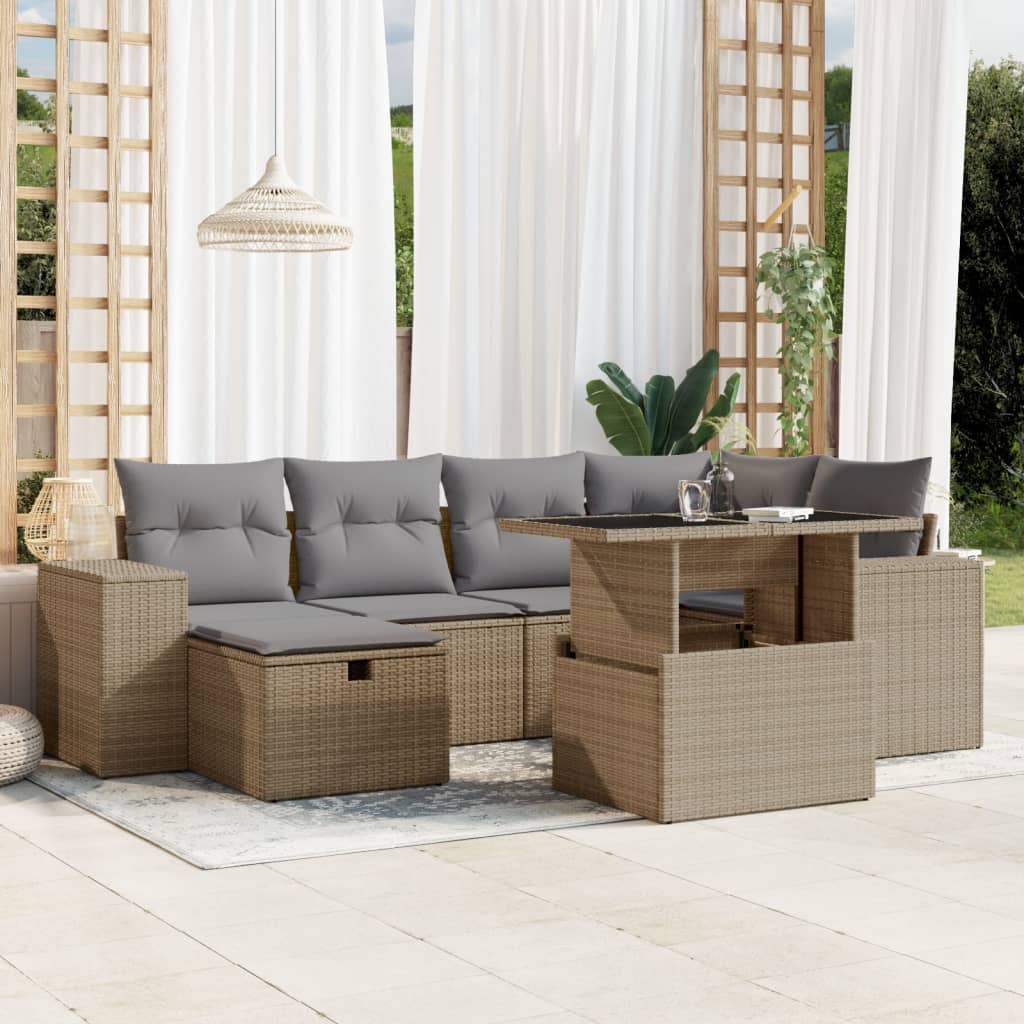 7-tlg. Garten-Sofagarnitur mit Kissen Schwarz Poly Rattan
