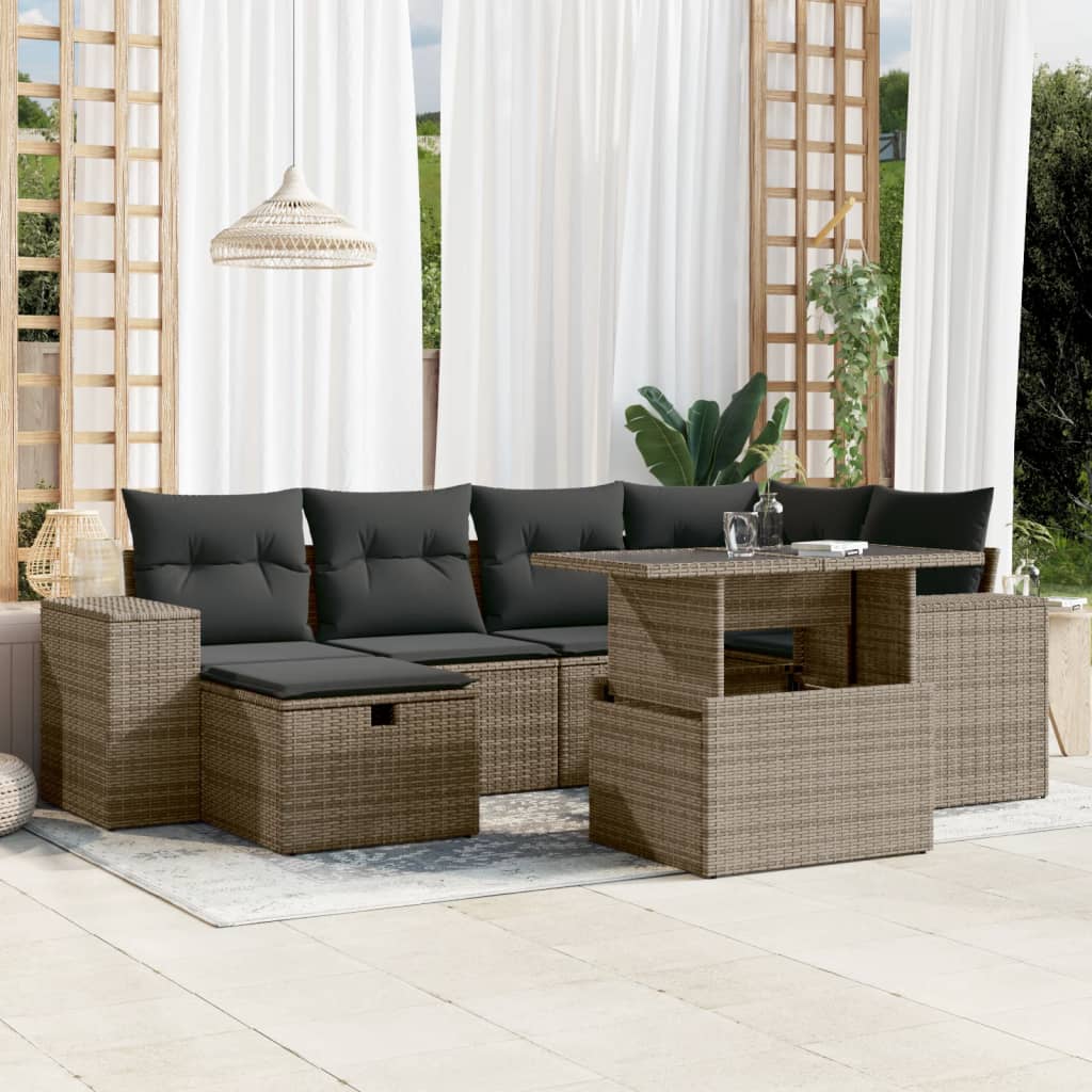 7-tlg. Garten-Sofagarnitur mit Kissen Schwarz Poly Rattan