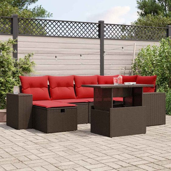 7-teiliges Gartensofa-Set mit Kissen, schwarzes Polyrattan