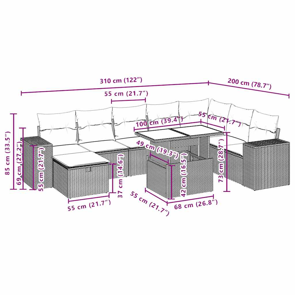 9-teiliges Gartensofa-Set mit Kissen, schwarzes Polyrattan