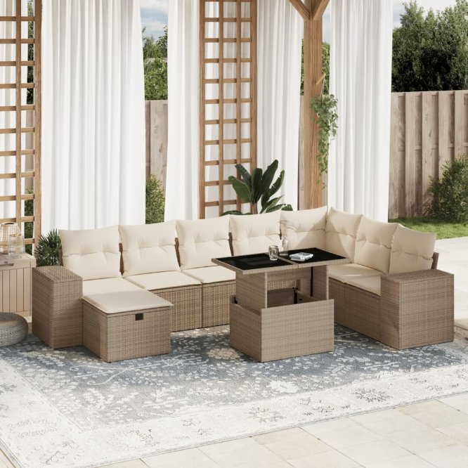 9-tlg. Garten-Sofagarnitur mit Kissen Schwarz Poly Rattan