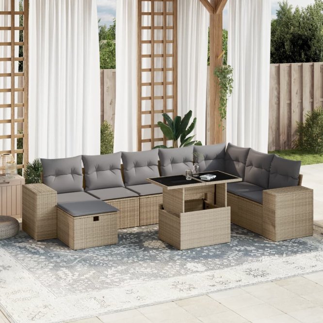 9-tlg. Garten-Sofagarnitur mit Kissen Schwarz Poly Rattan