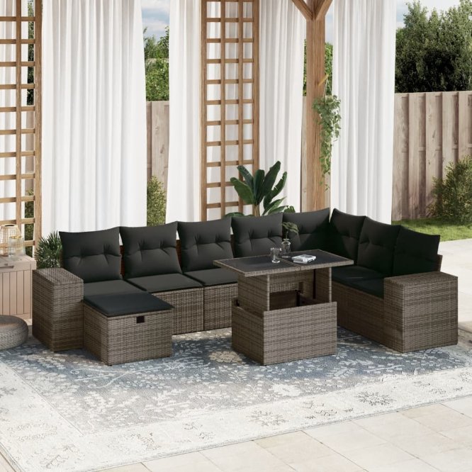9-tlg. Garten-Sofagarnitur mit Kissen Schwarz Poly Rattan