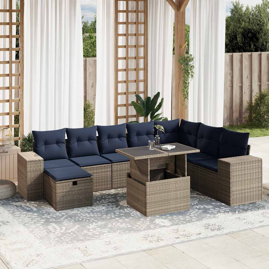 9-teiliges Gartensofa-Set mit Kissen, schwarzes Polyrattan