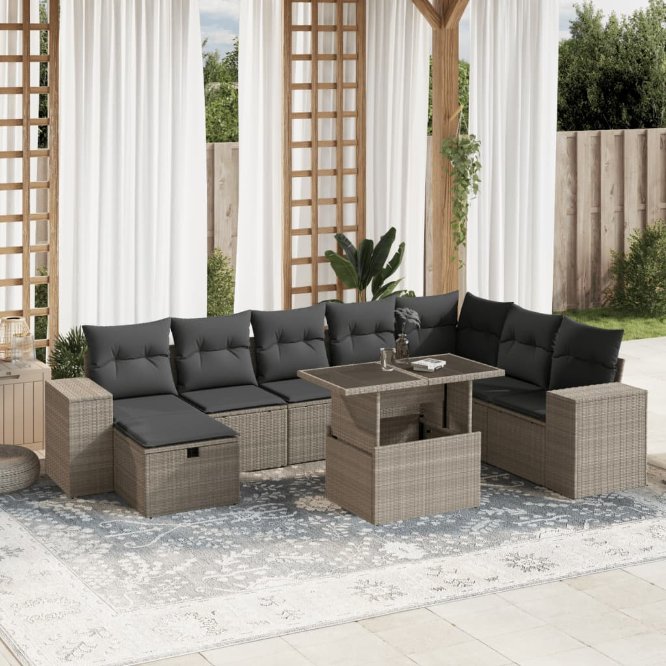 9-tlg. Garten-Sofagarnitur mit Kissen Schwarz Poly Rattan