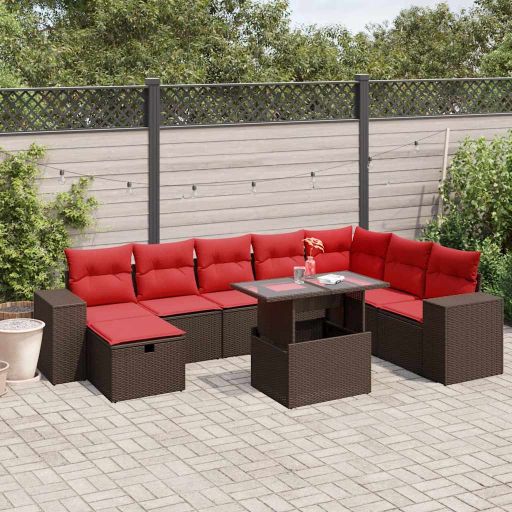 9-teiliges Gartensofa-Set mit Kissen, schwarzes Polyrattan