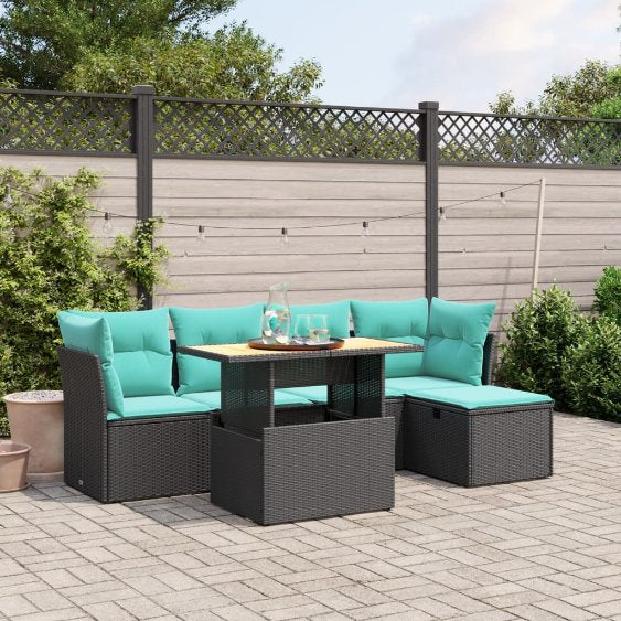 6-tlg. Garten-Sofagarnitur mit Kissen Schwarz Poly Rattan