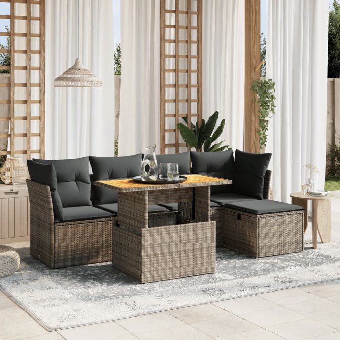6-tlg. Garten-Sofagarnitur mit Kissen Schwarz Poly Rattan