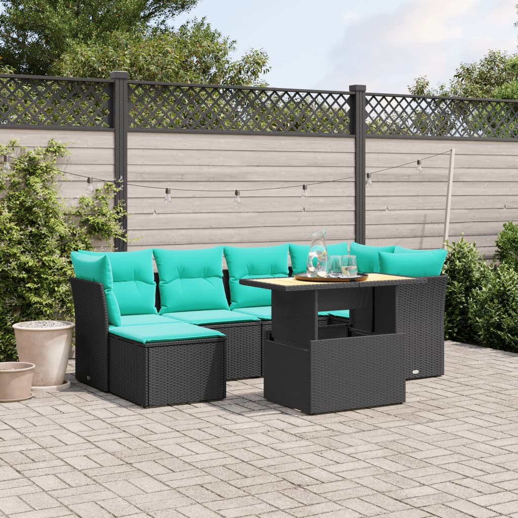 7-tlg. Garten-Sofagarnitur mit Kissen Schwarz Poly Rattan
