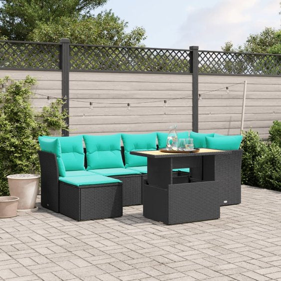 7-tlg. Garten-Sofagarnitur mit Kissen Schwarz Poly Rattan