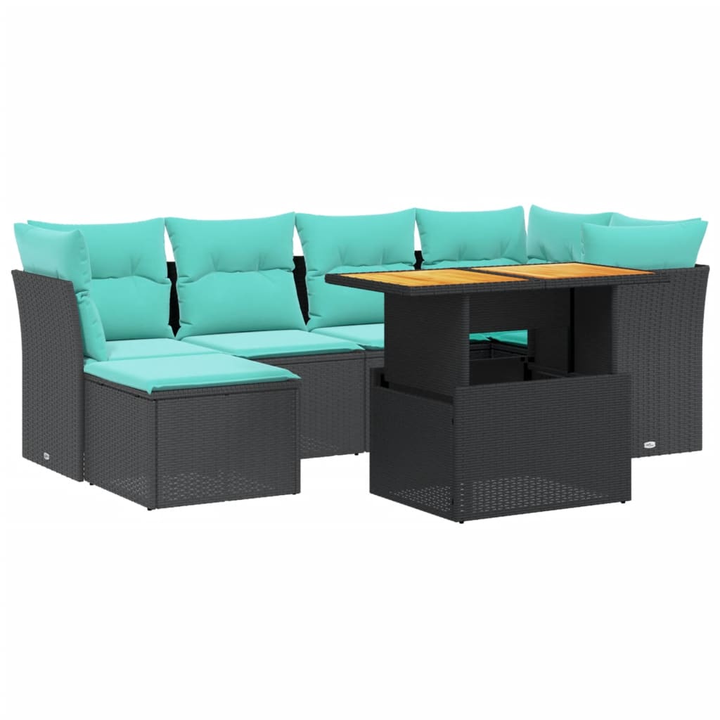 7-tlg. Garten-Sofagarnitur mit Kissen Schwarz Poly Rattan