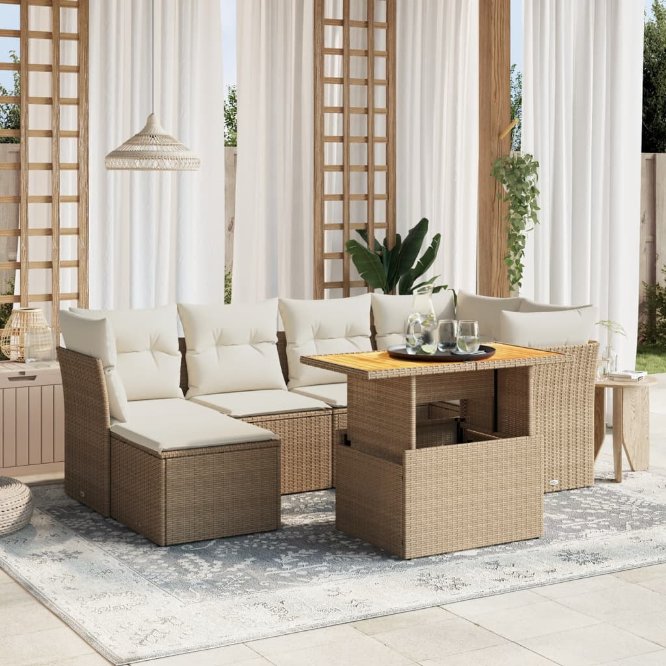 7-tlg. Garten-Sofagarnitur mit Kissen Schwarz Poly Rattan
