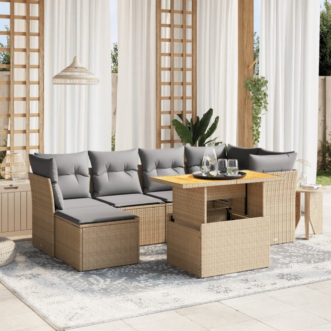 7-tlg. Garten-Sofagarnitur mit Kissen Schwarz Poly Rattan