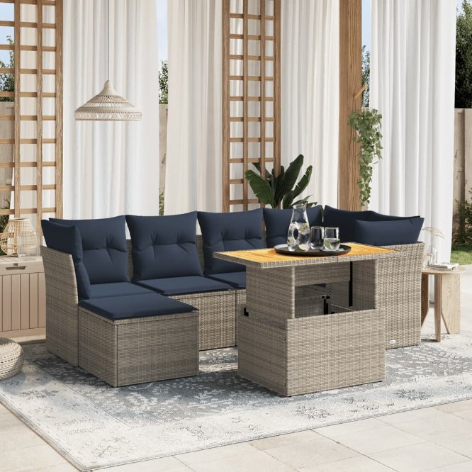 7-tlg. Garten-Sofagarnitur mit Kissen Schwarz Poly Rattan