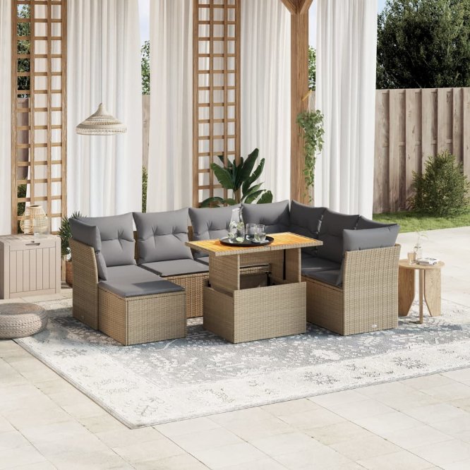 8-tlg. Garten-Sofagarnitur mit Kissen Schwarz Poly Rattan