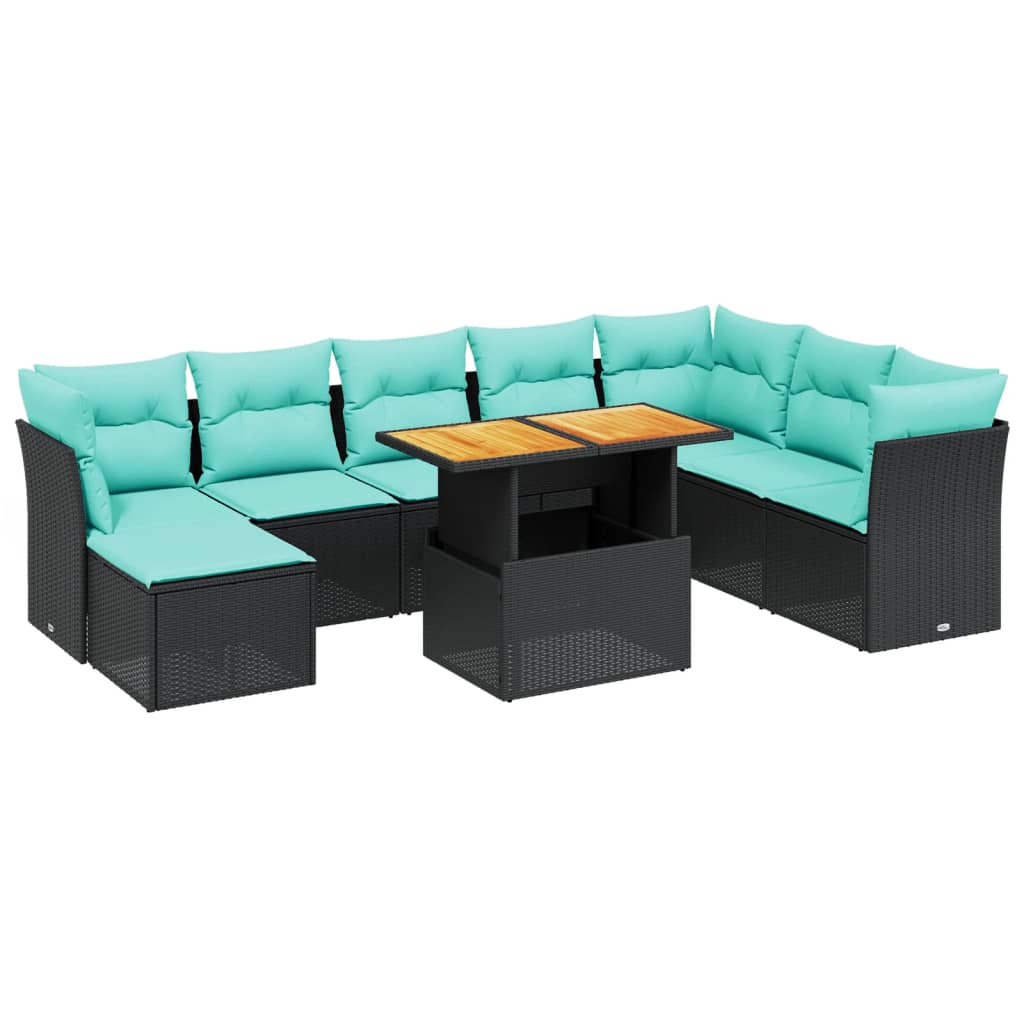 9-tlg. Garten-Sofagarnitur mit Kissen Schwarz Poly Rattan