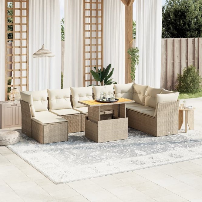 9-tlg. Garten-Sofagarnitur mit Kissen Schwarz Poly Rattan