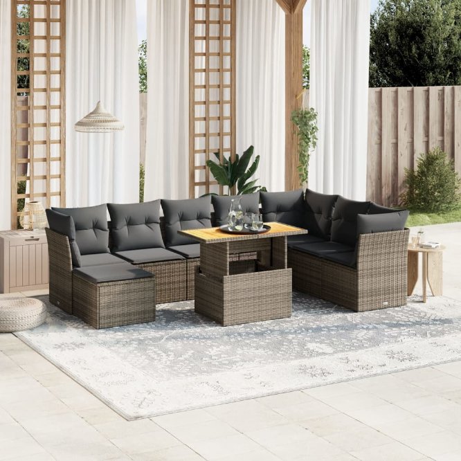 9-tlg. Garten-Sofagarnitur mit Kissen Schwarz Poly Rattan