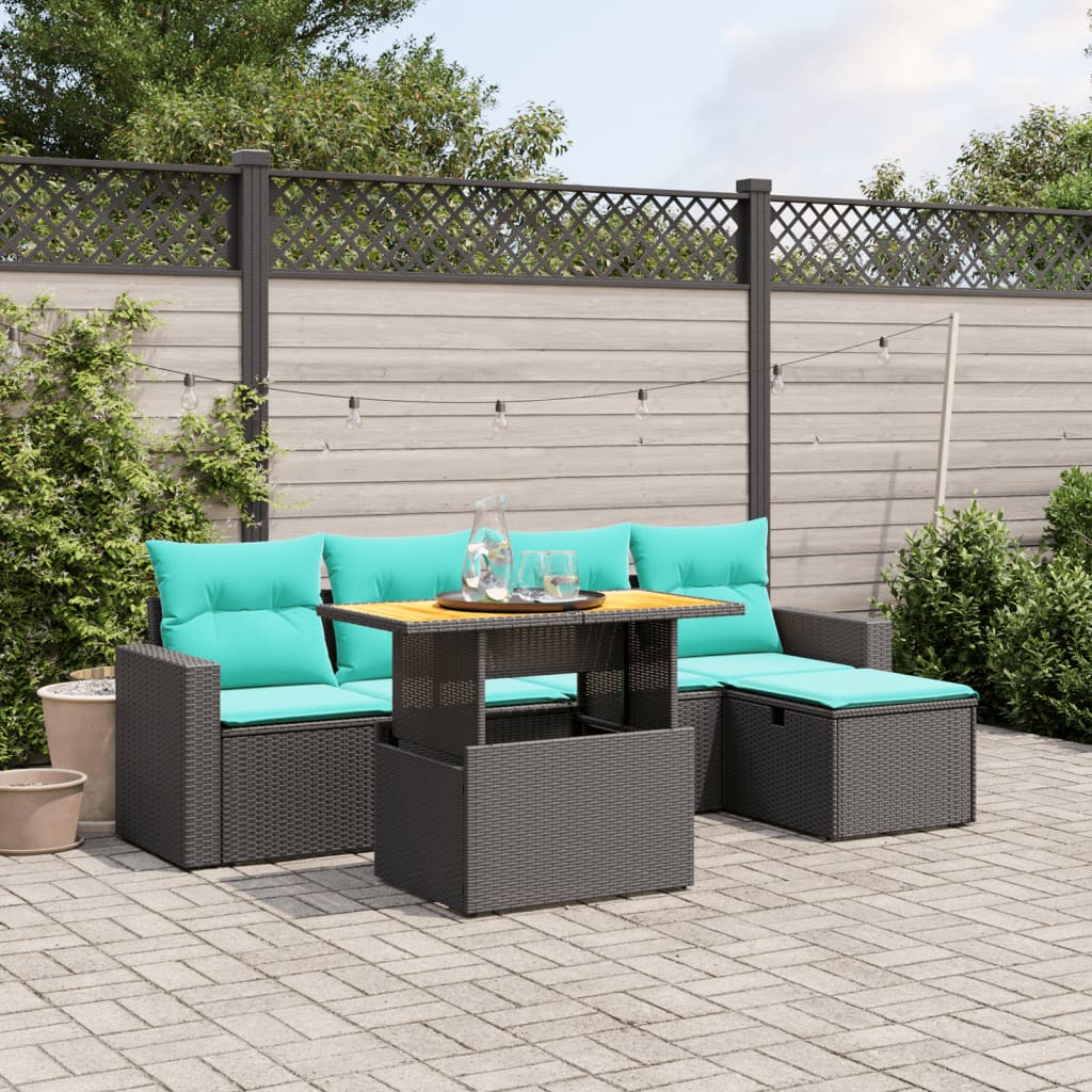 6-tlg. Garten-Sofagarnitur mit Kissen Schwarz Poly Rattan