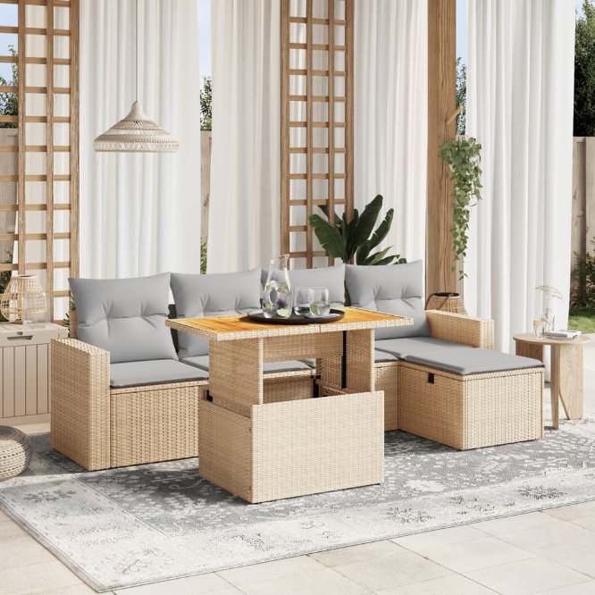 6-tlg. Garten-Sofagarnitur mit Kissen Schwarz Poly Rattan