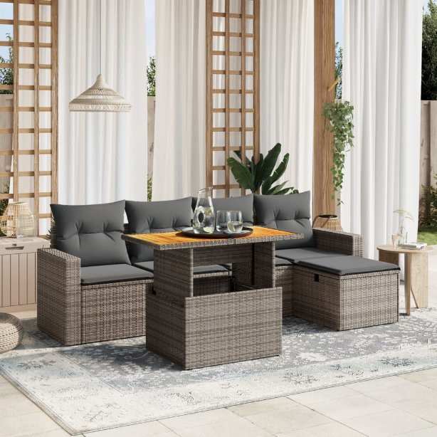 6-tlg. Garten-Sofagarnitur mit Kissen Schwarz Poly Rattan