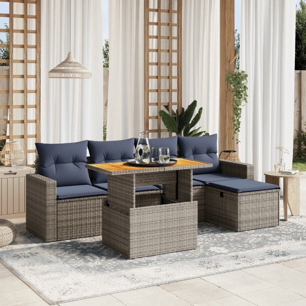 6-tlg. Garten-Sofagarnitur mit Kissen Schwarz Poly Rattan