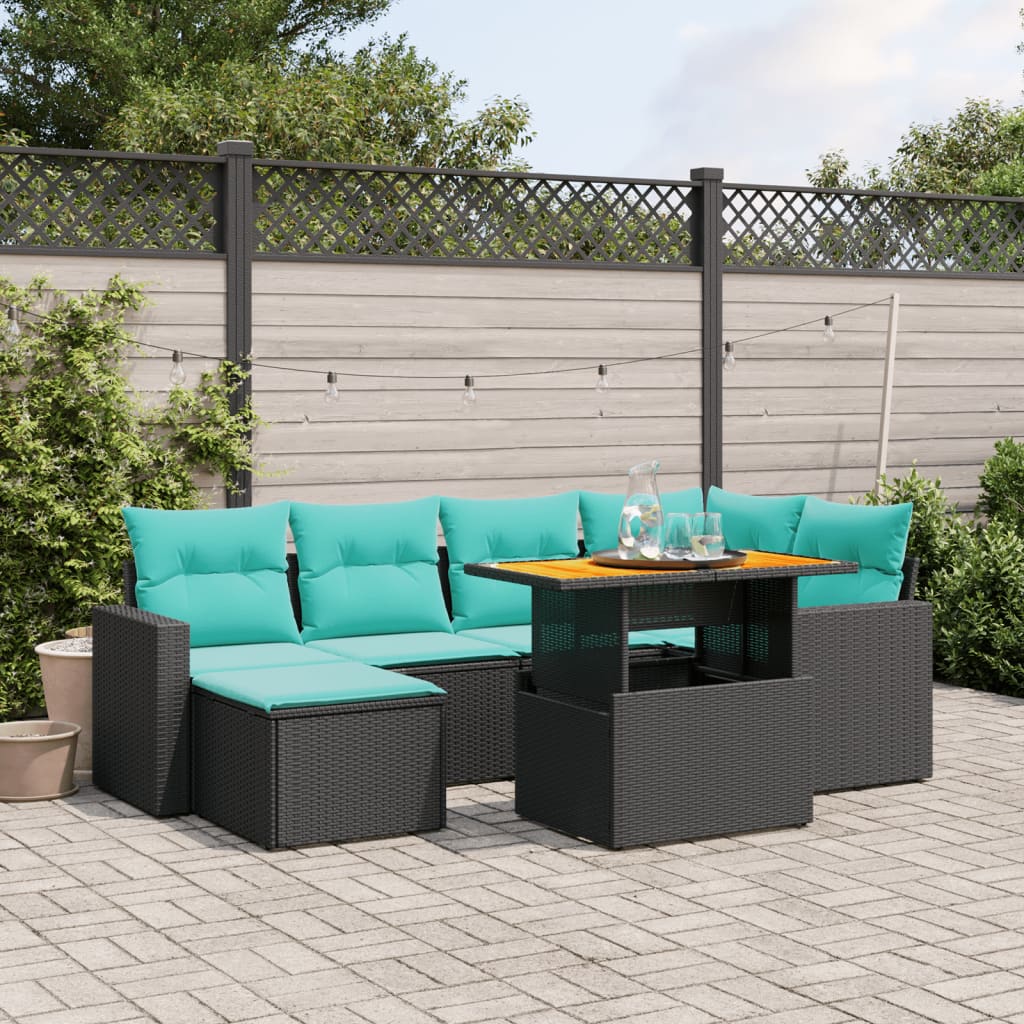 7-tlg. Garten-Sofagarnitur mit Kissen Schwarz Poly Rattan