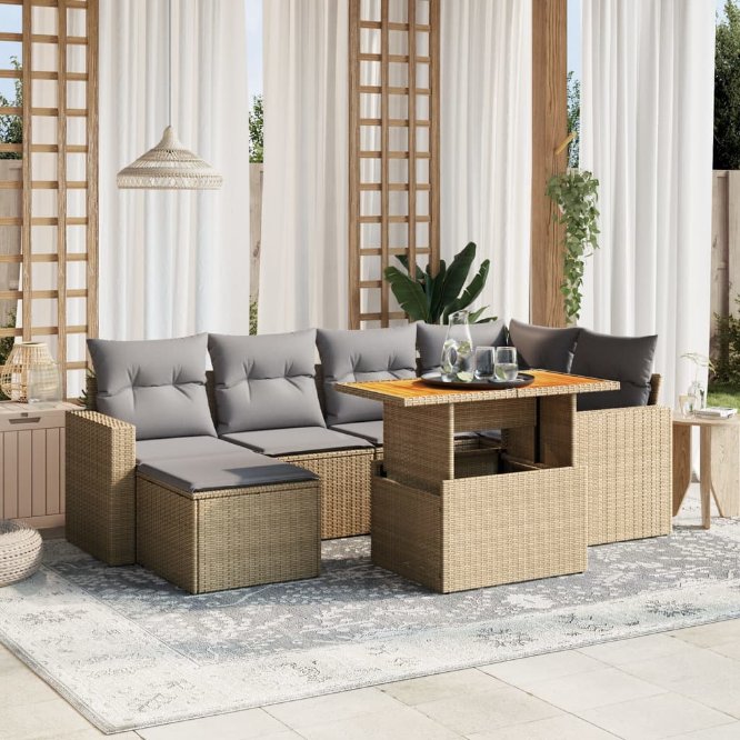 7-tlg. Garten-Sofagarnitur mit Kissen Schwarz Poly Rattan