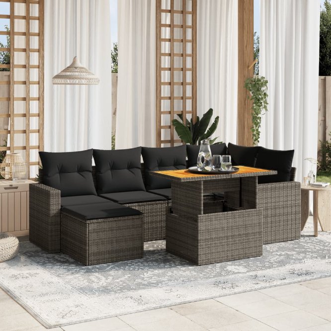 7-tlg. Garten-Sofagarnitur mit Kissen Schwarz Poly Rattan