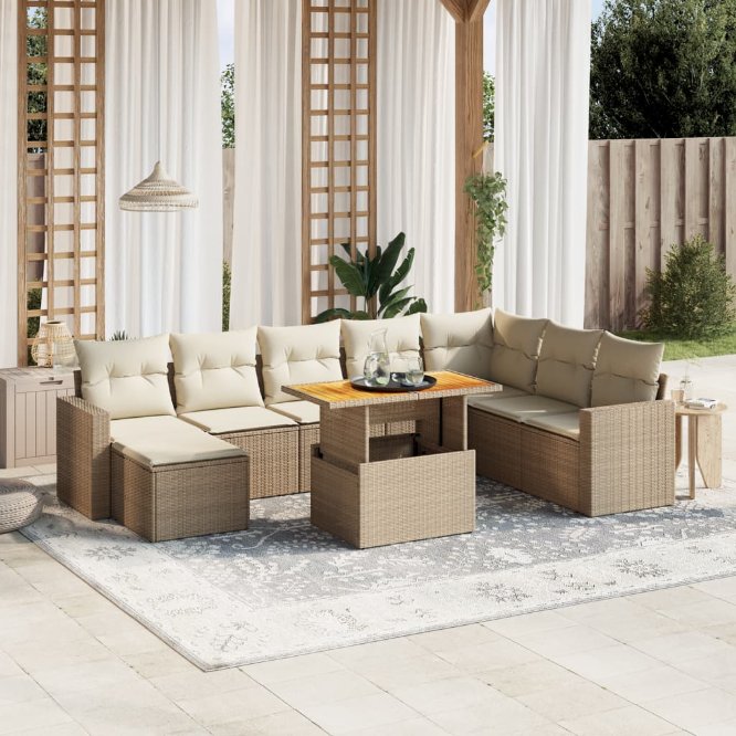 9-tlg. Garten-Sofagarnitur mit Kissen Schwarz Poly Rattan
