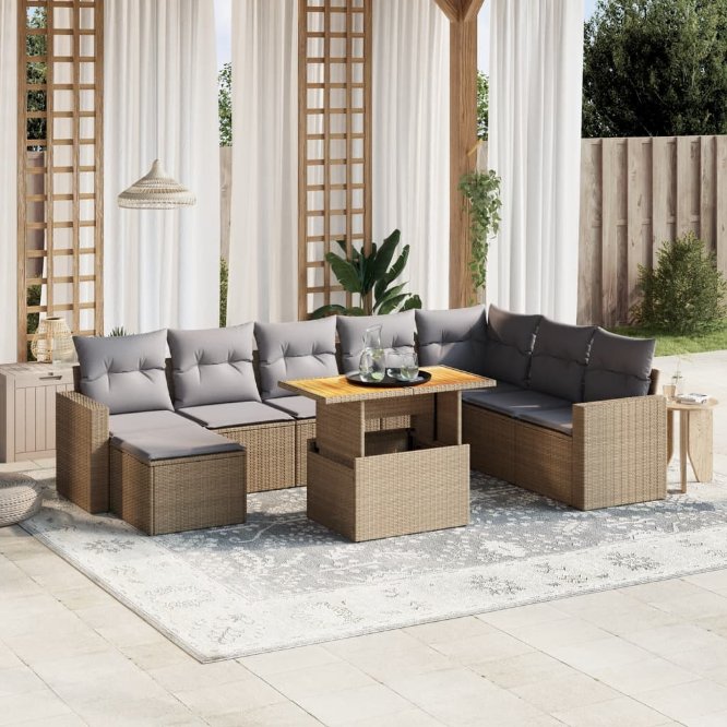 9-tlg. Garten-Sofagarnitur mit Kissen Schwarz Poly Rattan