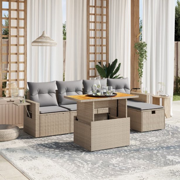 6-tlg. Garten-Sofagarnitur mit Kissen Schwarz Poly Rattan