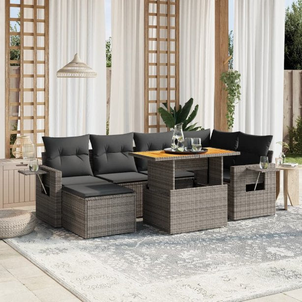 7-tlg. Garten-Sofagarnitur mit Kissen Schwarz Poly Rattan