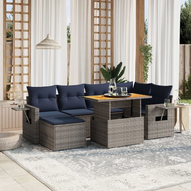 7-tlg. Garten-Sofagarnitur mit Kissen Schwarz Poly Rattan