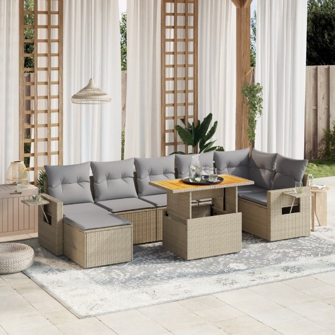 8-tlg. Garten-Sofagarnitur mit Kissen Schwarz Poly Rattan