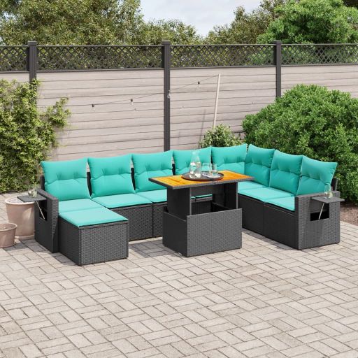 9-tlg. Garten-Sofagarnitur mit Kissen Schwarz Poly Rattan